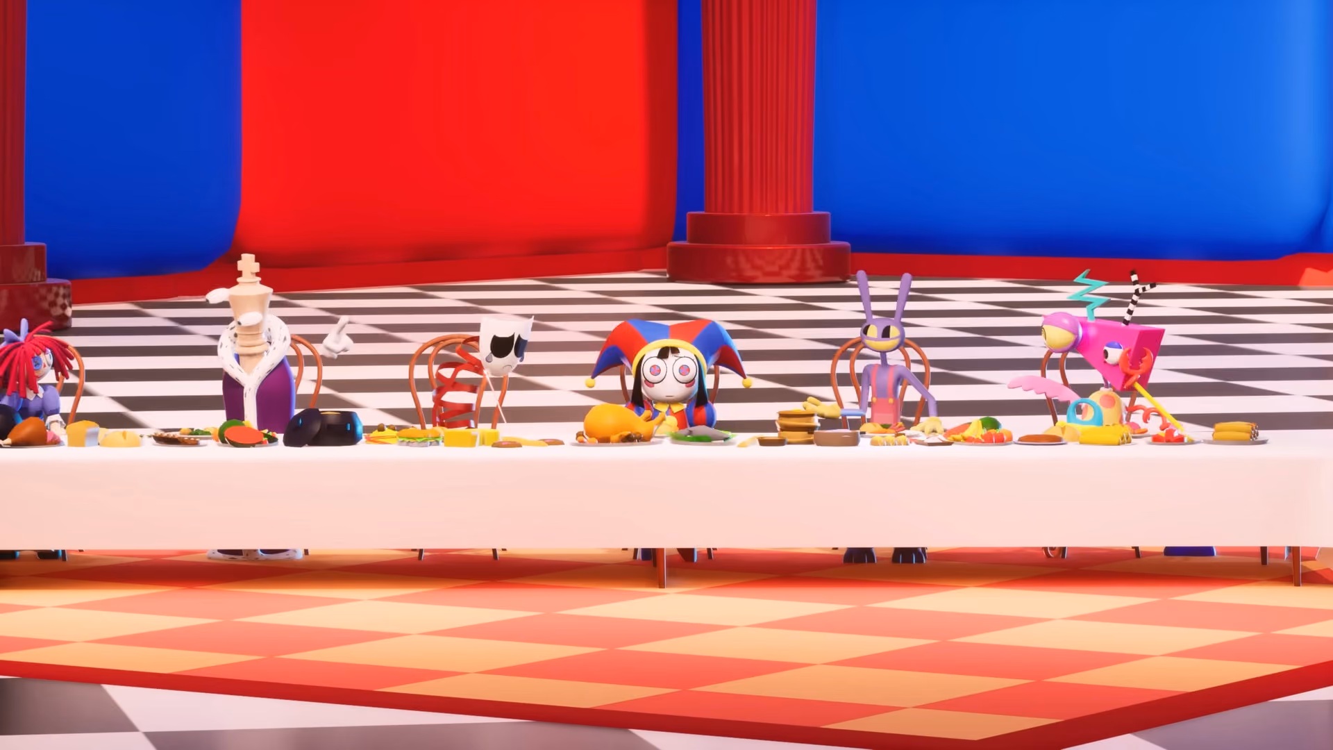 Cartoon characters sitting along a long dinner table. The middle one, dressed like a clown, stares forward blankly