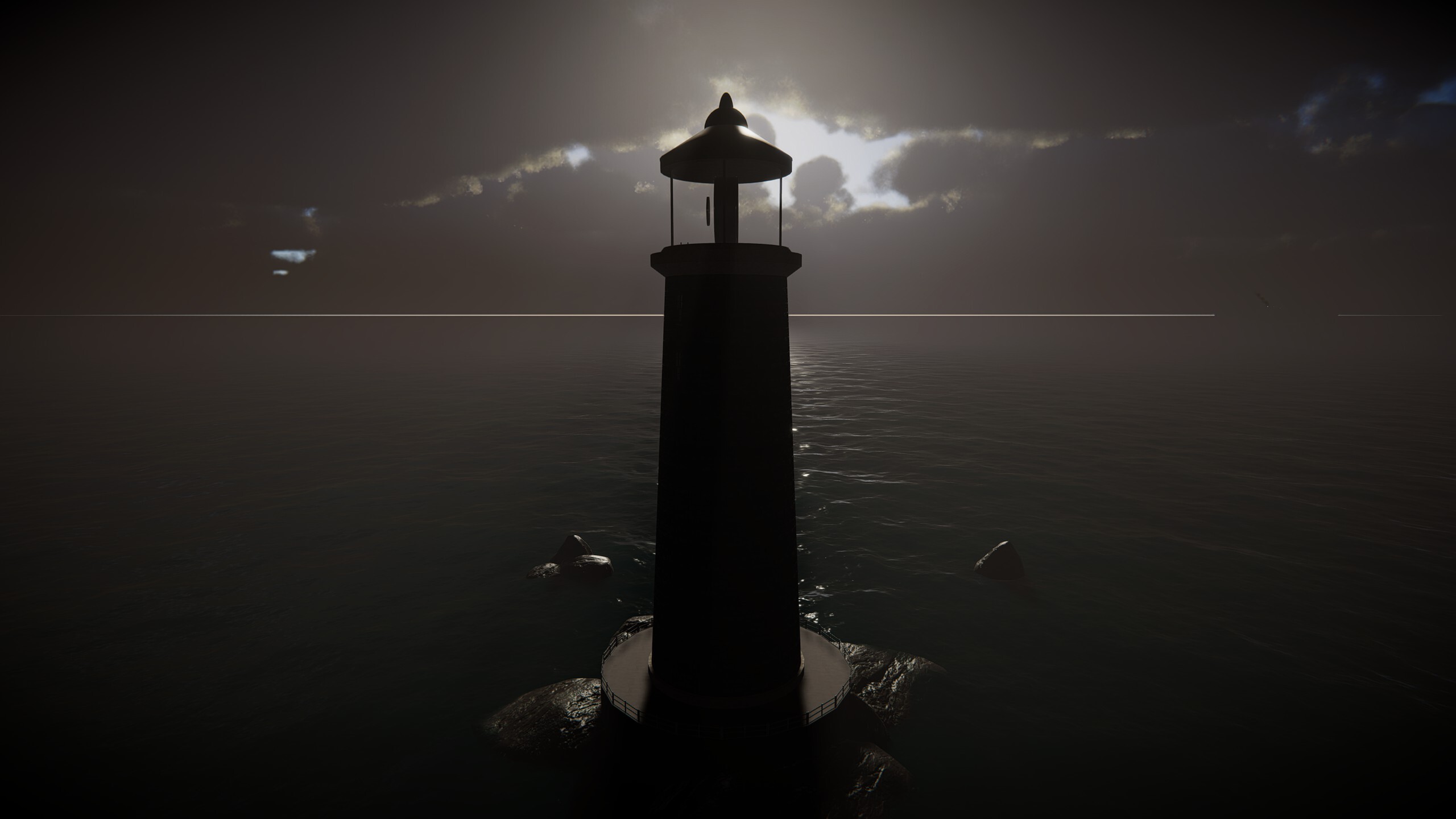 A lighthouse blocking the sun, making the lighthouse and surrounding sea dark