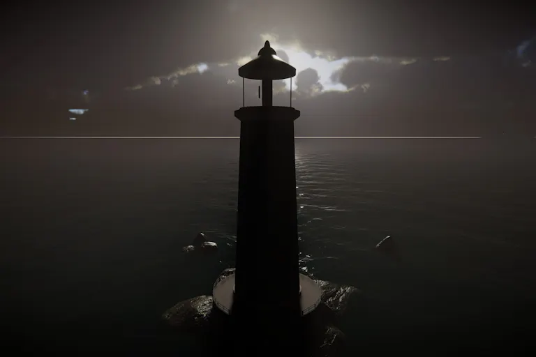 A lighthouse blocking the sun, making the lighthouse and surrounding sea dark