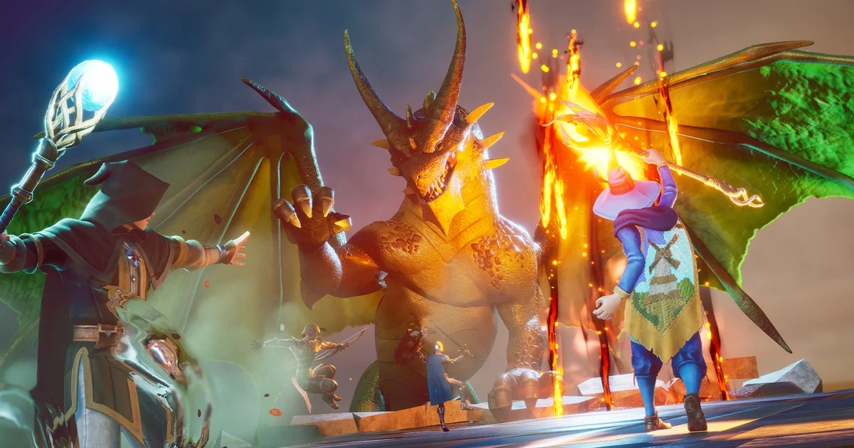 A pointy hat wearing wizard and hooded warlock shooting glowing substances at a large green dragon in a medieval setting