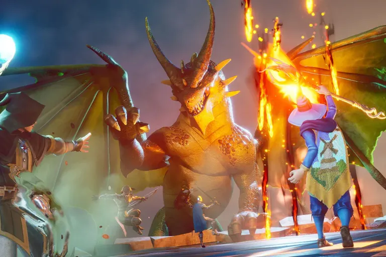 A pointy hat wearing wizard and hooded warlock shooting glowing substances at a large green dragon in a medieval setting