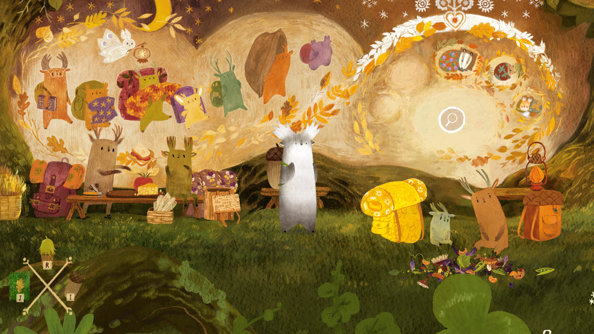 2D animation of some forest animals having a picnic in a colourful grassy area