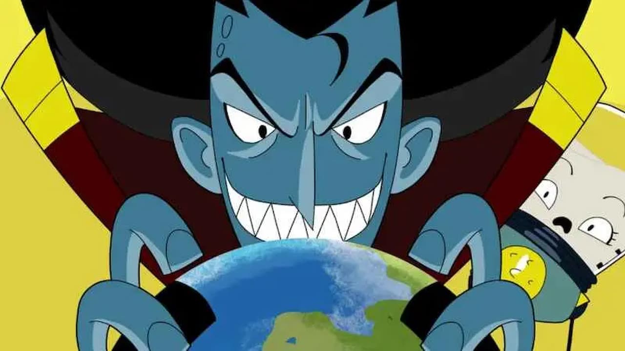 A blue, evil-looking figure looking maniacally at the world in its hands. Behind it, a dog-like creature peers over its shoulder