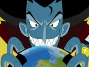 A blue, evil-looking figure looking maniacally at the world in its hands. Behind it, a dog-like creature peers over its shoulder