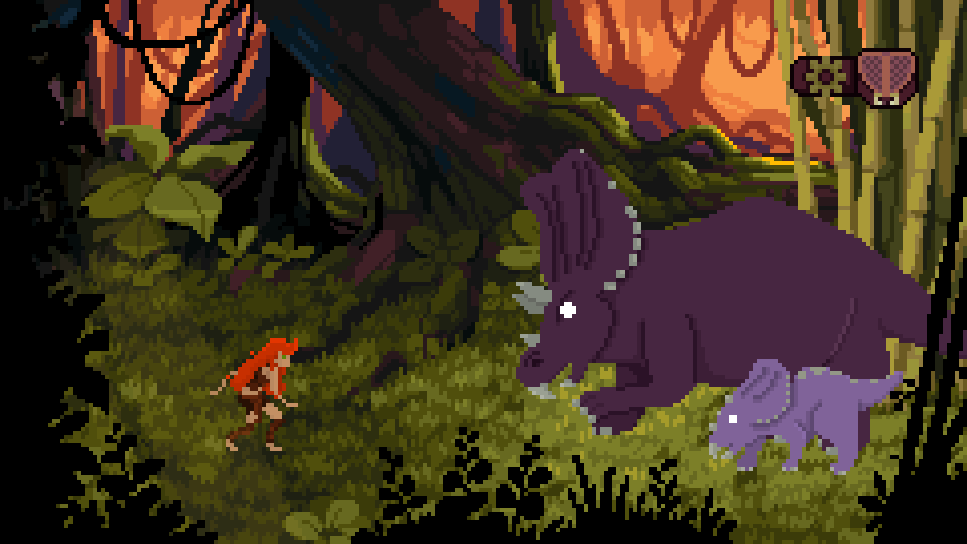 A pixelated animation of a small red haired woman in a jungle, approaching two dinosaurs