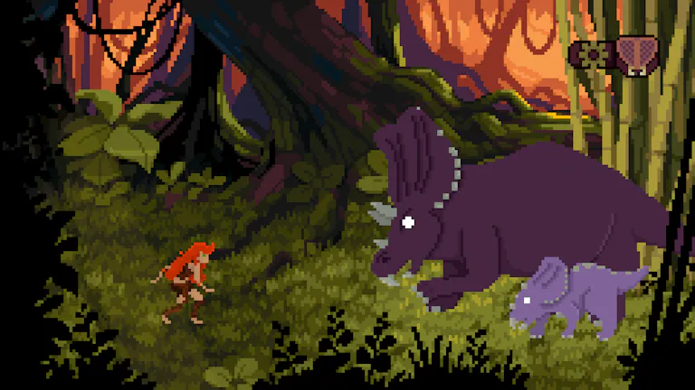 A pixelated animation of a small red haired woman in a jungle, approaching two dinosaurs