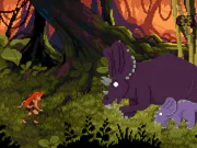 A pixelated animation of a small red haired woman in a jungle, approaching two dinosaurs