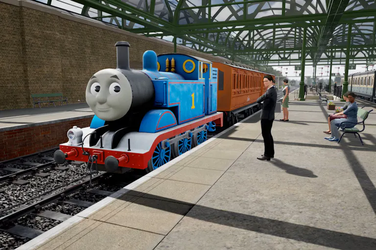 A blue train with a face on the front stopping at a station, a white suited man waiting to board