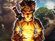 Animated game still of a young boy with spiky hair and a sword on his back lit up by a yellow golden glow