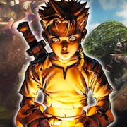 Animated game still of a young boy with spiky hair and a sword on his back lit up by a yellow golden glow