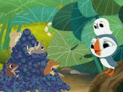2D drawing of two birds looking at 3 mice in a pile of blueberries