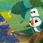 2D drawing of two birds looking at 3 mice in a pile of blueberries