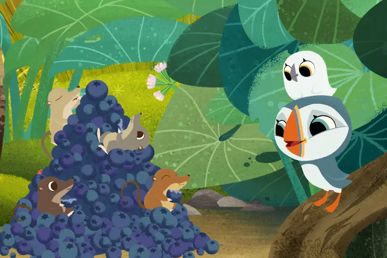 2D drawing of two birds looking at 3 mice in a pile of blueberries