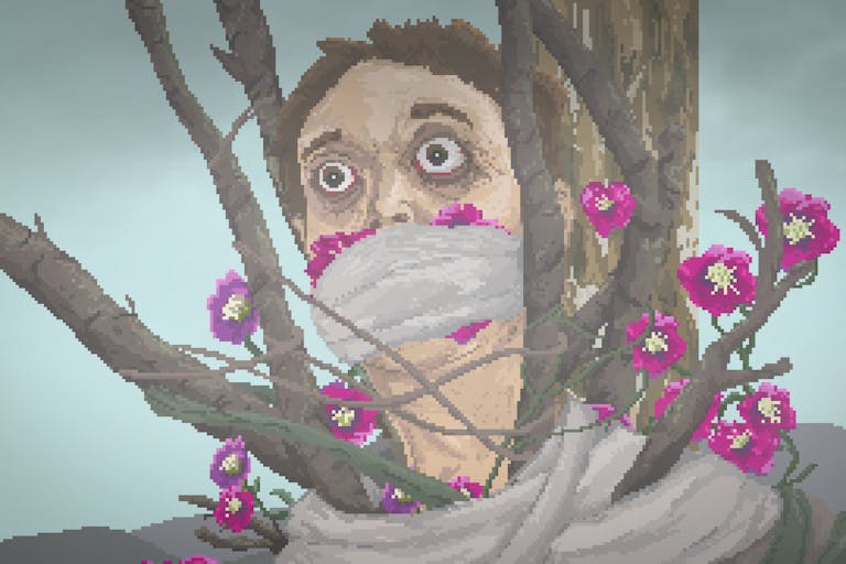 Pixelated image of a white man tied to a tree with pink flowers with a gag over his mouth