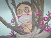 Pixelated image of a white man tied to a tree with pink flowers with a gag over his mouth