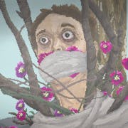 Pixelated image of a white man tied to a tree with pink flowers with a gag over his mouth