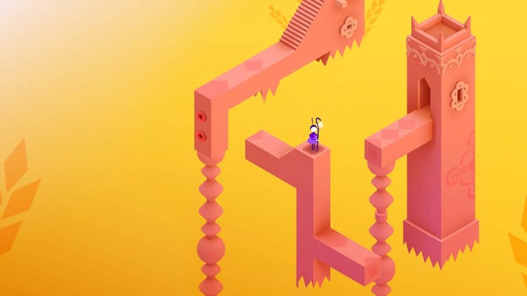 Gameplay of peach pink floating towers and staircases connecting in a warm yellow open space as a purple character sits atop