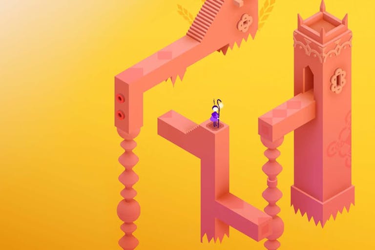 Gameplay of peach pink floating towers and staircases connecting in a warm yellow open space as a purple character sits atop