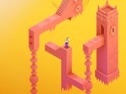 Gameplay of peach pink floating towers and staircases connecting in a warm yellow open space as a purple character sits atop