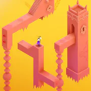 Gameplay of peach pink floating towers and staircases connecting in a warm yellow open space as a purple character sits atop