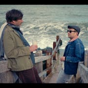 Two middle aged white men standing on wooden steps on the down to a blustering British beach
