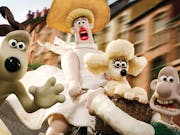 Stop motion animation of a plasticine beige dog, white woman in white red, small whit poodle dog and a white bald man trying to stop the woman from flying off down the hill on her bike