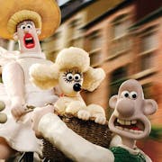 Stop motion animation of a plasticine beige dog, white woman in white red, small whit poodle dog and a white bald man trying to stop the woman from flying off down the hill on her bike