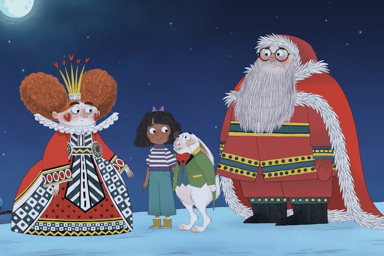 2d animation of a woman in Elizabethan royal clothing, large red hair and crown, a young brown girl in a stripey jumper, a white bunny, and Father Christmas in a red suit with a large white beard