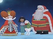2d animation of a woman in Elizabethan royal clothing, large red hair and crown, a young brown girl in a stripey jumper, a white bunny, and Father Christmas in a red suit with a large white beard