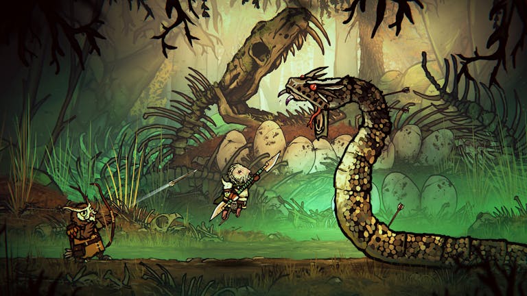 Animated gameplay of an owl shooting an arrowing and another armoured character jumping at a large, fang bearing snake