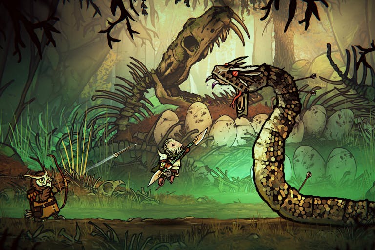 Animated gameplay of an owl shooting an arrowing and another armoured character jumping at a large, fang bearing snake