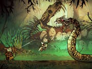 Animated gameplay of an owl shooting an arrowing and another armoured character jumping at a large, fang bearing snake