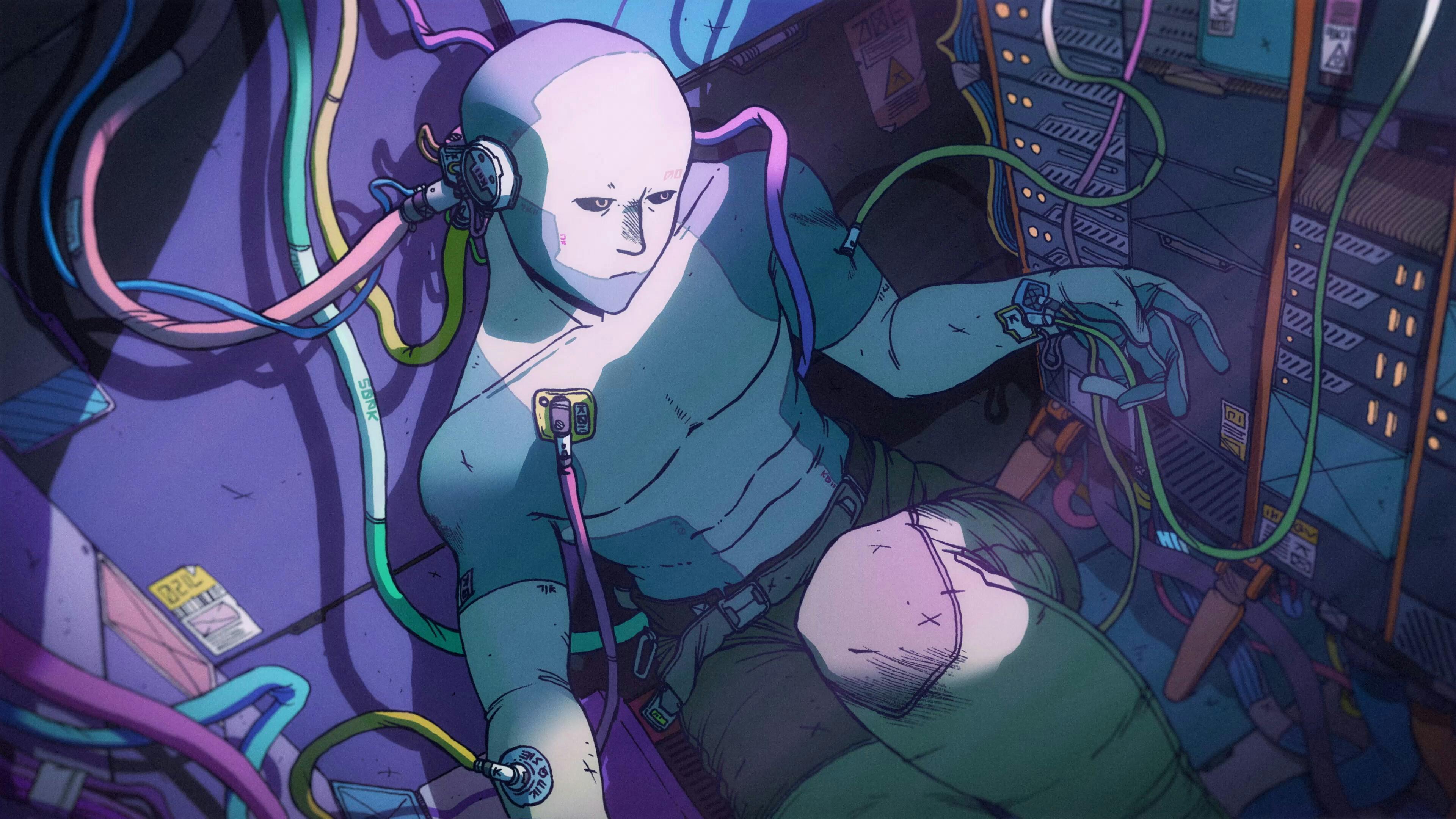 Drawn animated game play of a humanoid figure slumped on the floor hooked up to colourful wires and tubes