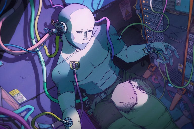 Drawn animated game play of a humanoid figure slumped on the floor hooked up to colourful wires and tubes