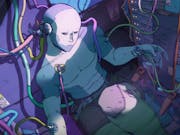 Drawn animated game play of a humanoid figure slumped on the floor hooked up to colourful wires and tubes