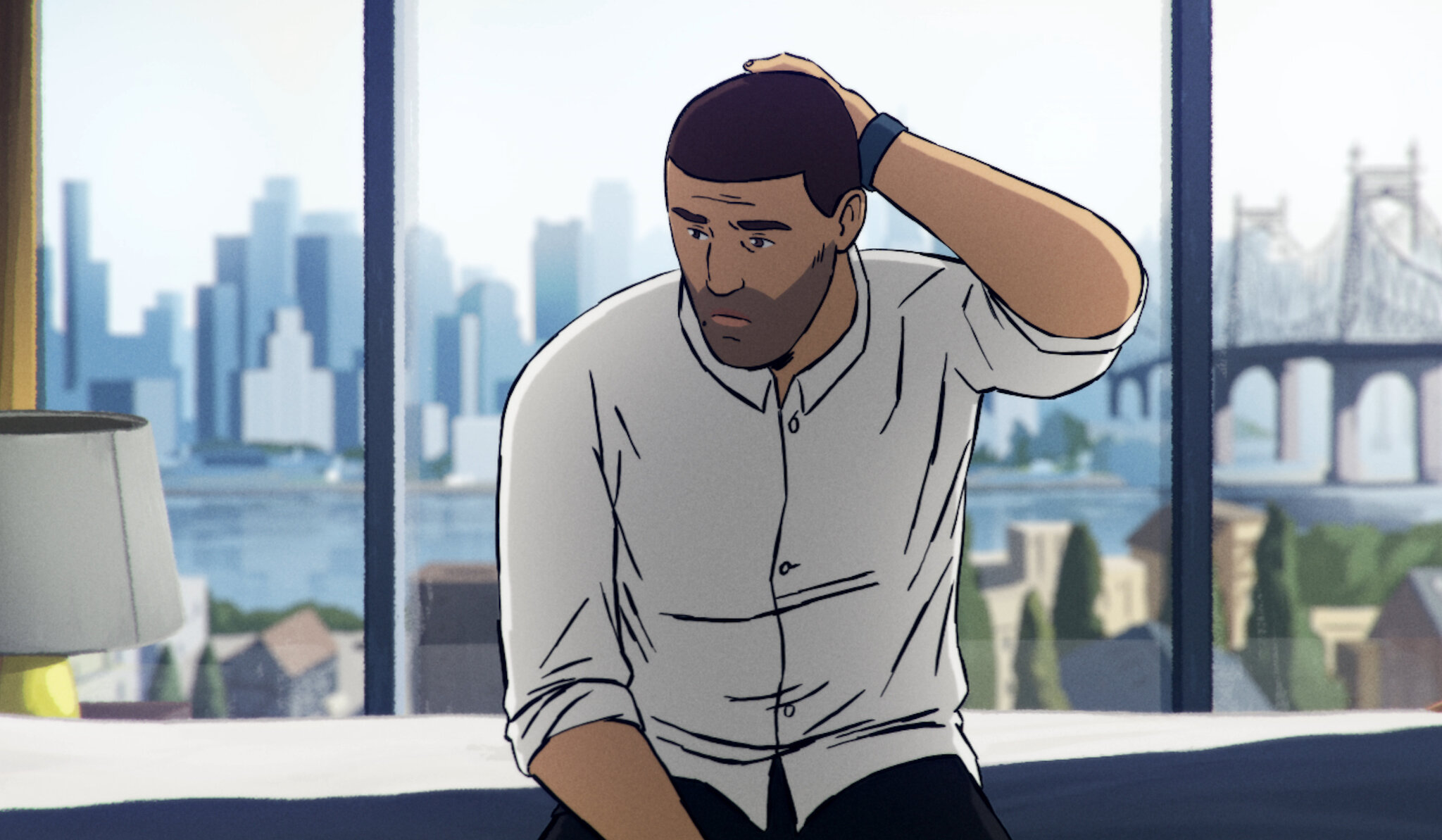 graphic novel style drawing of man with stubble wearing a white shirt, sitting in front of a window with skyscrapers in the background is looking pensive and has his hand at the back of his head.