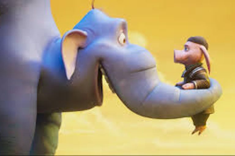 On yellow background, an elephant holds and humanised pig in its trunk