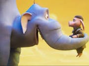 On yellow background, an elephant holds and humanised pig in its trunk
