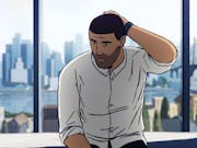 graphic novel style drawing of man with stubble wearing a white shirt, sitting in front of a window with skyscrapers in the background is looking pensive and has his hand at the back of his head.
