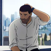 graphic novel style drawing of man with stubble wearing a white shirt, sitting in front of a window with skyscrapers in the background is looking pensive and has his hand at the back of his head.