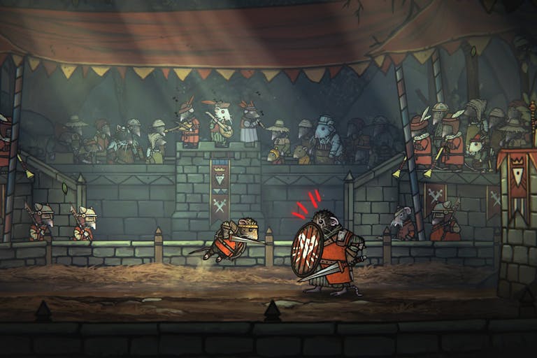 picture of a game with dragon like creatures fighting in an roman-style arena