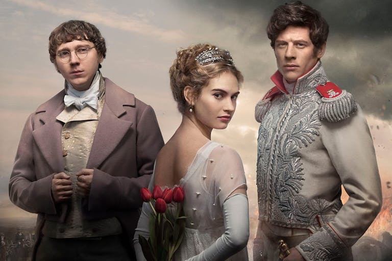 Two white men and a woman in 1800s clothes are looking at the camera. The woman is standing with her back at us turning her head and holding a bouquet of red roses behind her back