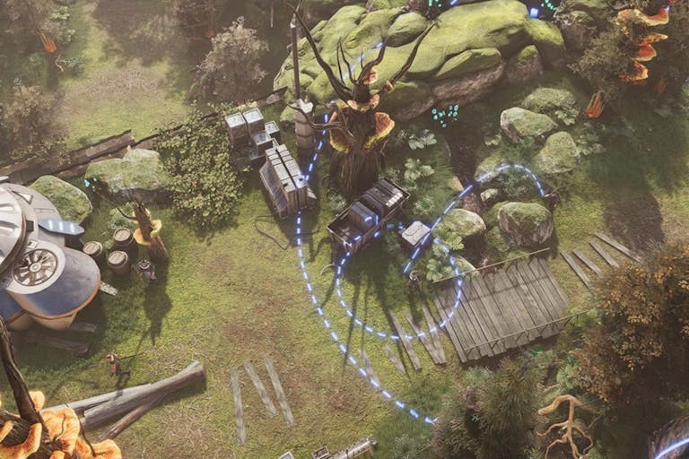 Gameplay of a sci-fi woods with alien trees and large futuristic buildings