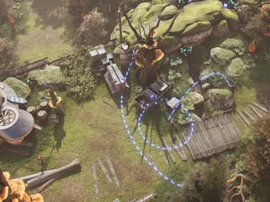 Gameplay of a sci-fi woods with alien trees and large futuristic buildings