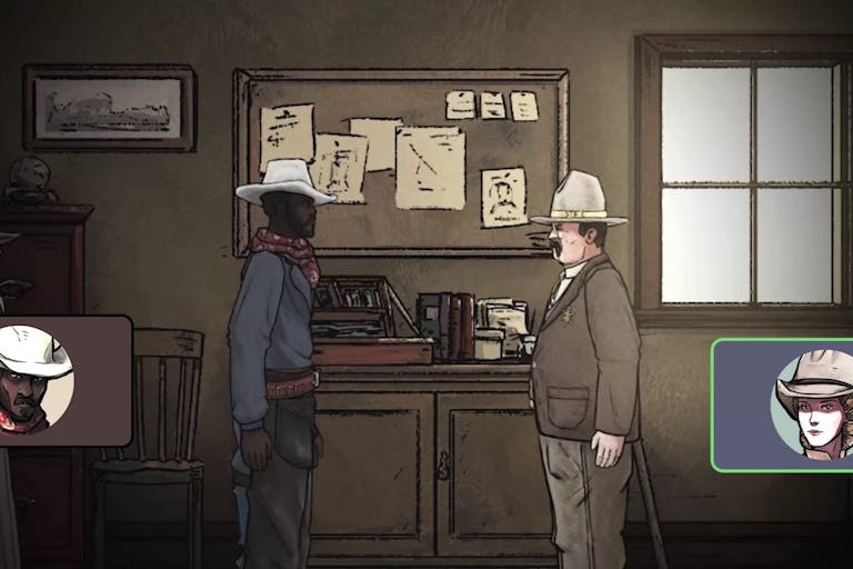 Gameplay animation in an old western setting with a Black cowboy facing a white Sheriff inside an office