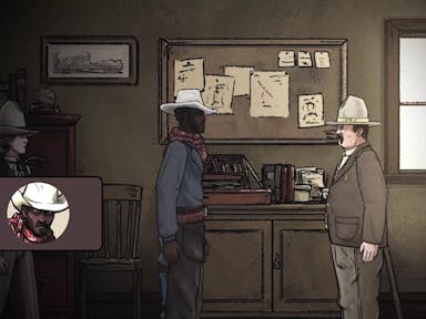 Gameplay animation in an old western setting with a Black cowboy facing a white Sheriff inside an office