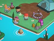 Colourful animated gameplay of rounded characters camping and having a swim in the lake