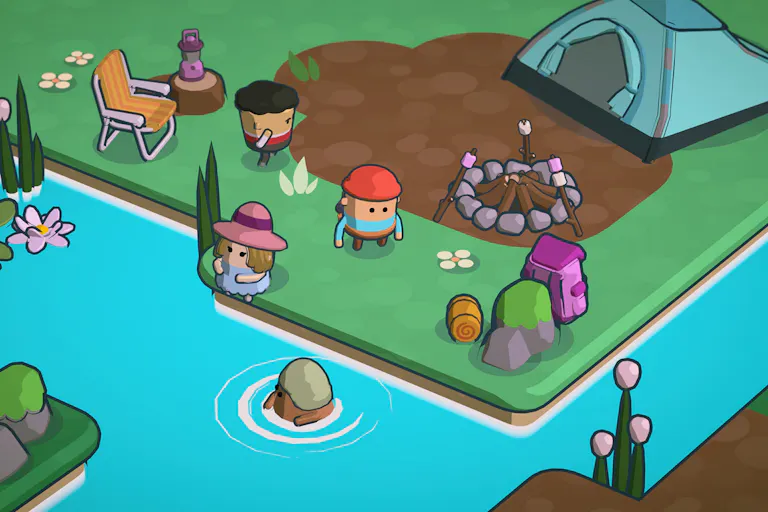 Colourful animated gameplay of rounded characters camping and having a swim in the lake