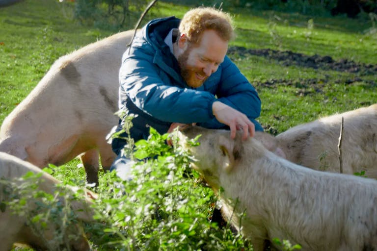 A white man with ginger hair and beard in a field stroking the head of a pig