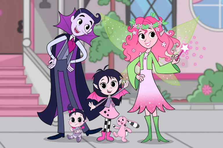 Colourful animation of a vampire dad and a fairy mum with two young children